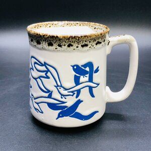 80s Embossed Blue White Seagull Birds Ironstone Coffee Mug Vintage Boho Kitchen